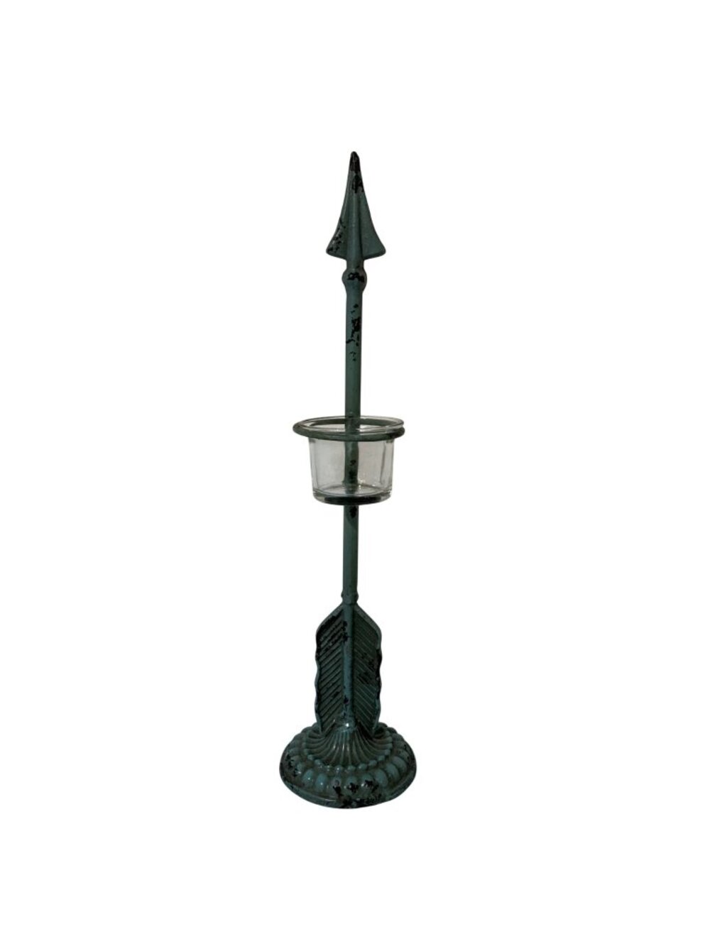 Green Arrow-Shaped Cast Metal Candle Holder With Glass Insert Distressed Finish